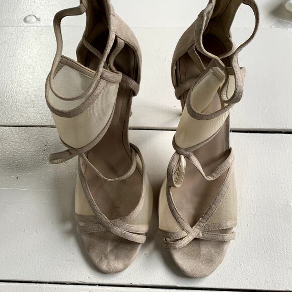 ALDO Heels Womens 9 Beige Faux Suede Open Toe Mesh Inset Strappy Stiletto Shoes - Picture 6 of 7